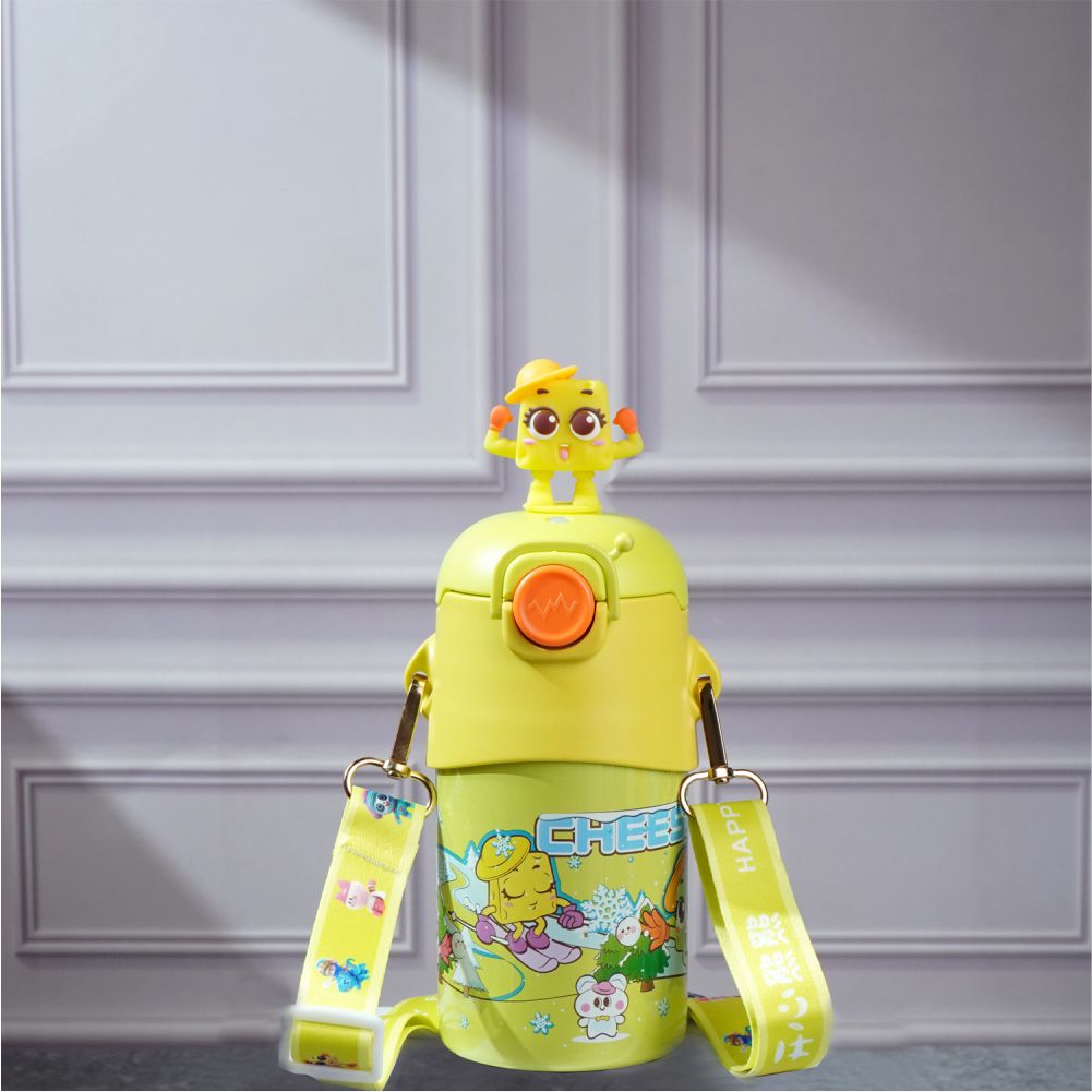 Yellow 3D Cheese Toy Lid Kids Stainless Steel Water Bottle,500ml