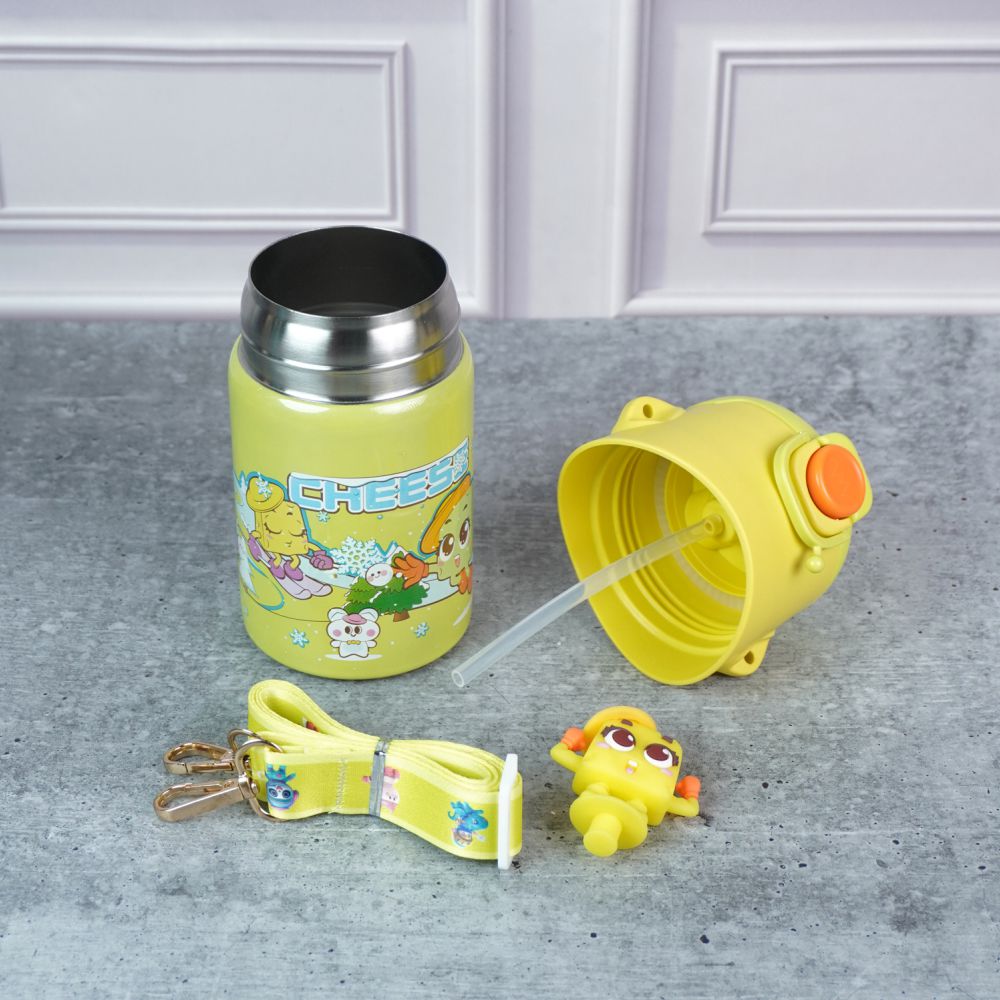 Yellow 3D Cheese Toy Lid Kids Stainless Steel Water Bottle,500ml