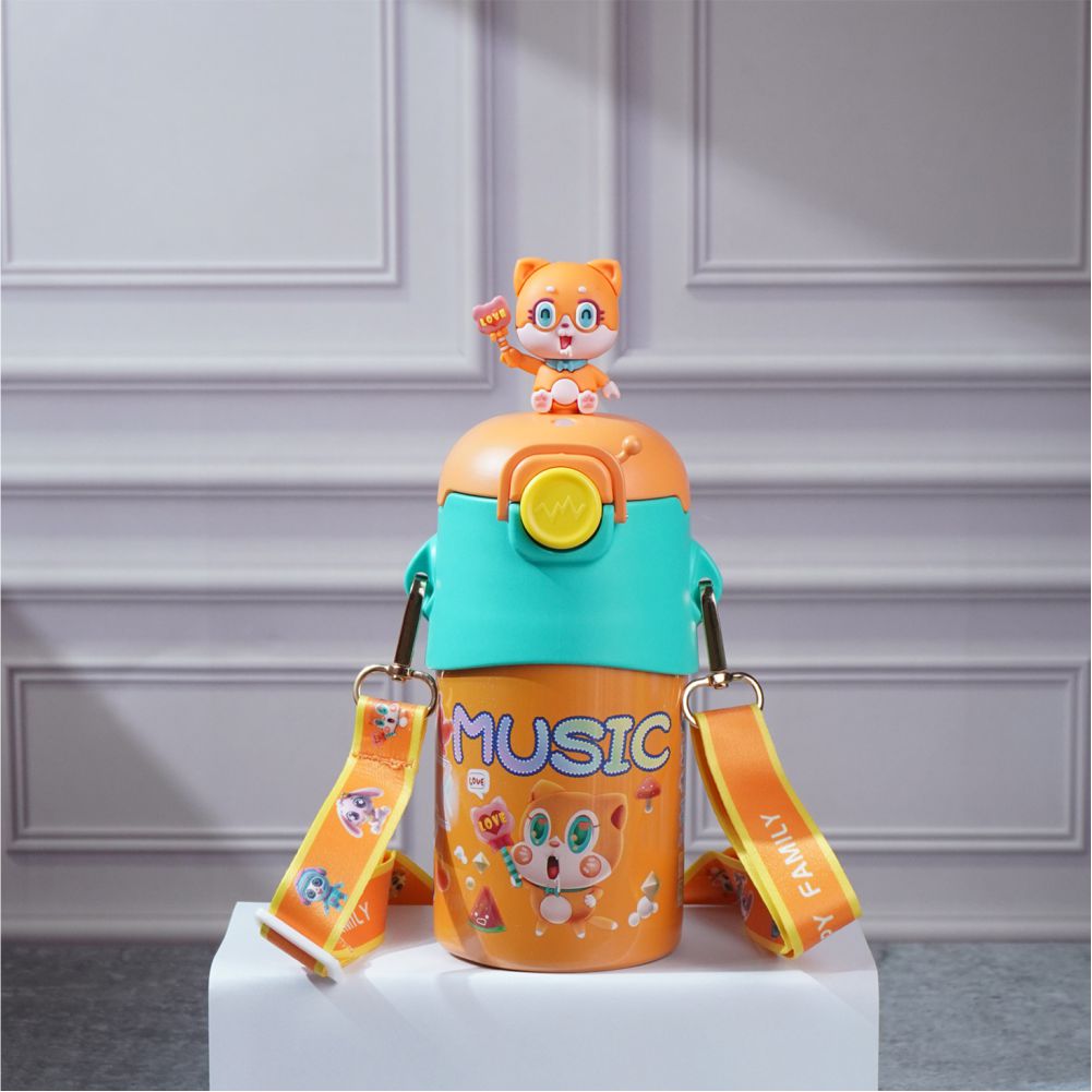 Orange 3D Foxy Toy Lid Kids Stainless Steel Water Bottle,500ml