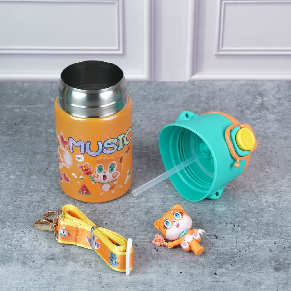 Orange 3D Foxy Toy Lid Kids Stainless Steel Water Bottle,500ml