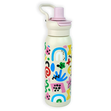 Pink Abstract Print Water Bottle Flask, 600ml