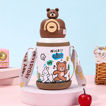 Bear 3d Face Lid with Matching Cover Stainless Steel Water Bottle for Kids,550 ml