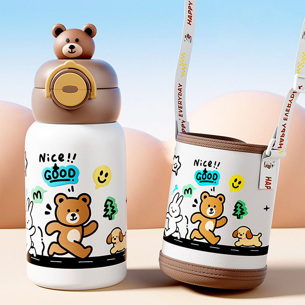 Bear 3d Face Lid with Matching Cover Stainless Steel Water Bottle for Kids,550 ml