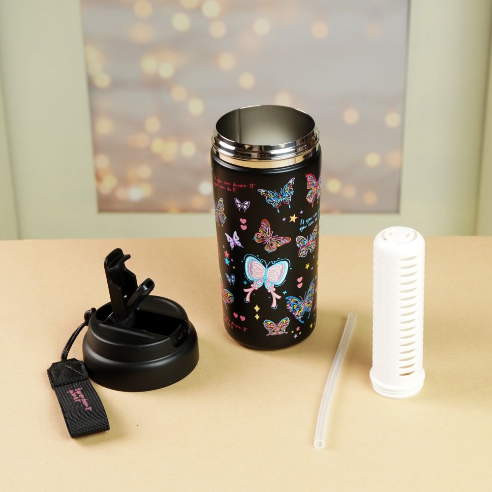 Black Butterfly Stainless Steel premium Insulated Detox Infuser Bottle with Tea and Fruit Infuser attachment, 550ml