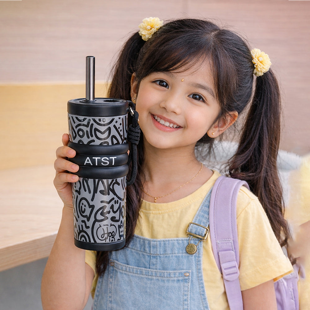Black Doodle Fluroscent series Stainless Steel Tumbler and water Bottle for Kids and Adults,550ml