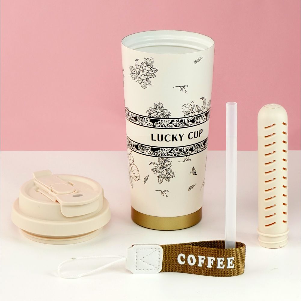Black Floral Stainless Steel premium Insulated Detox Infuser Bottle with Tea and Fruit Infuser attachment, 520ml