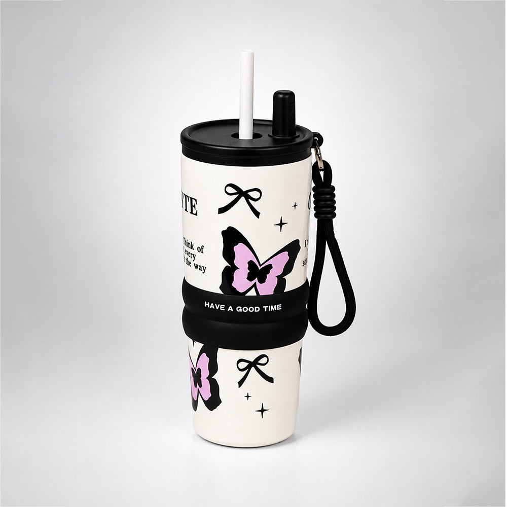Black Pink Butterfly, Good Time Series, Stainless Steel Tumbler and Water Bottle for Kids & Adults, 710ml