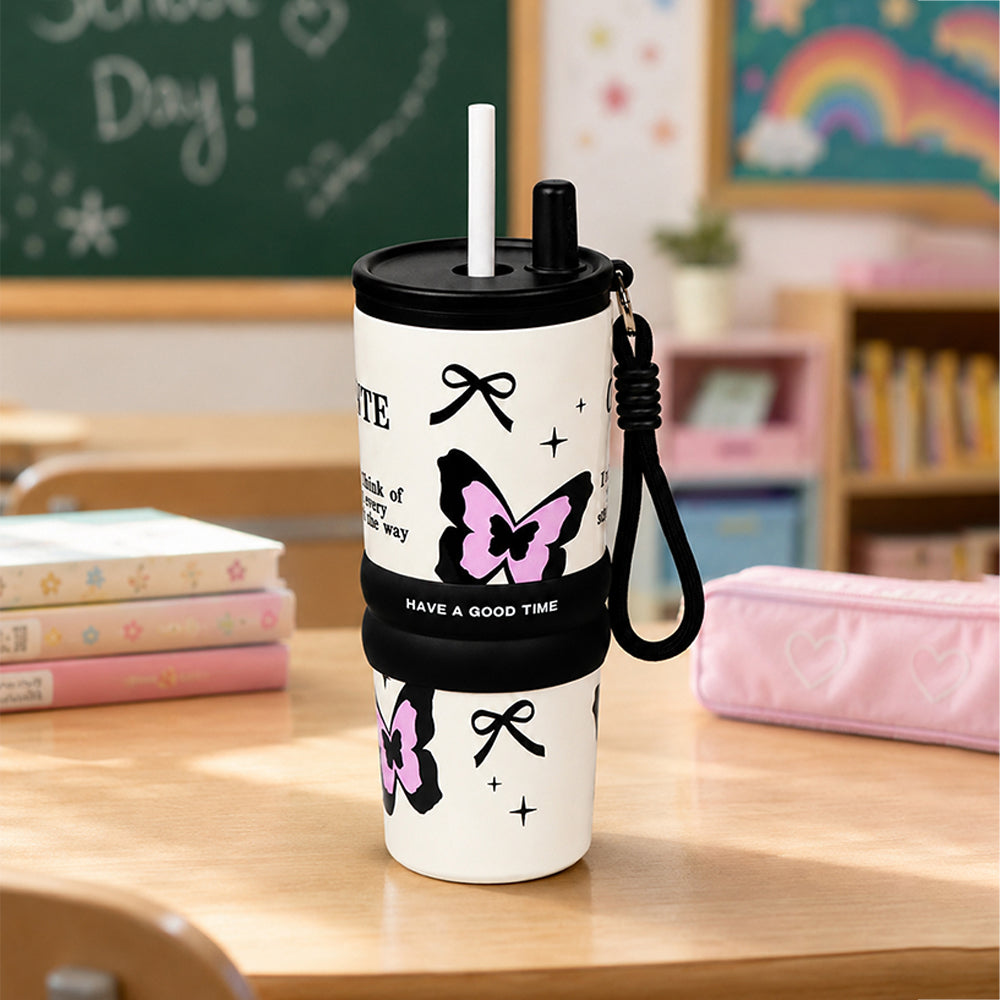 Black Pink Butterfly, Good Time Series, Stainless Steel Tumbler and Water Bottle for Kids & Adults, 710ml