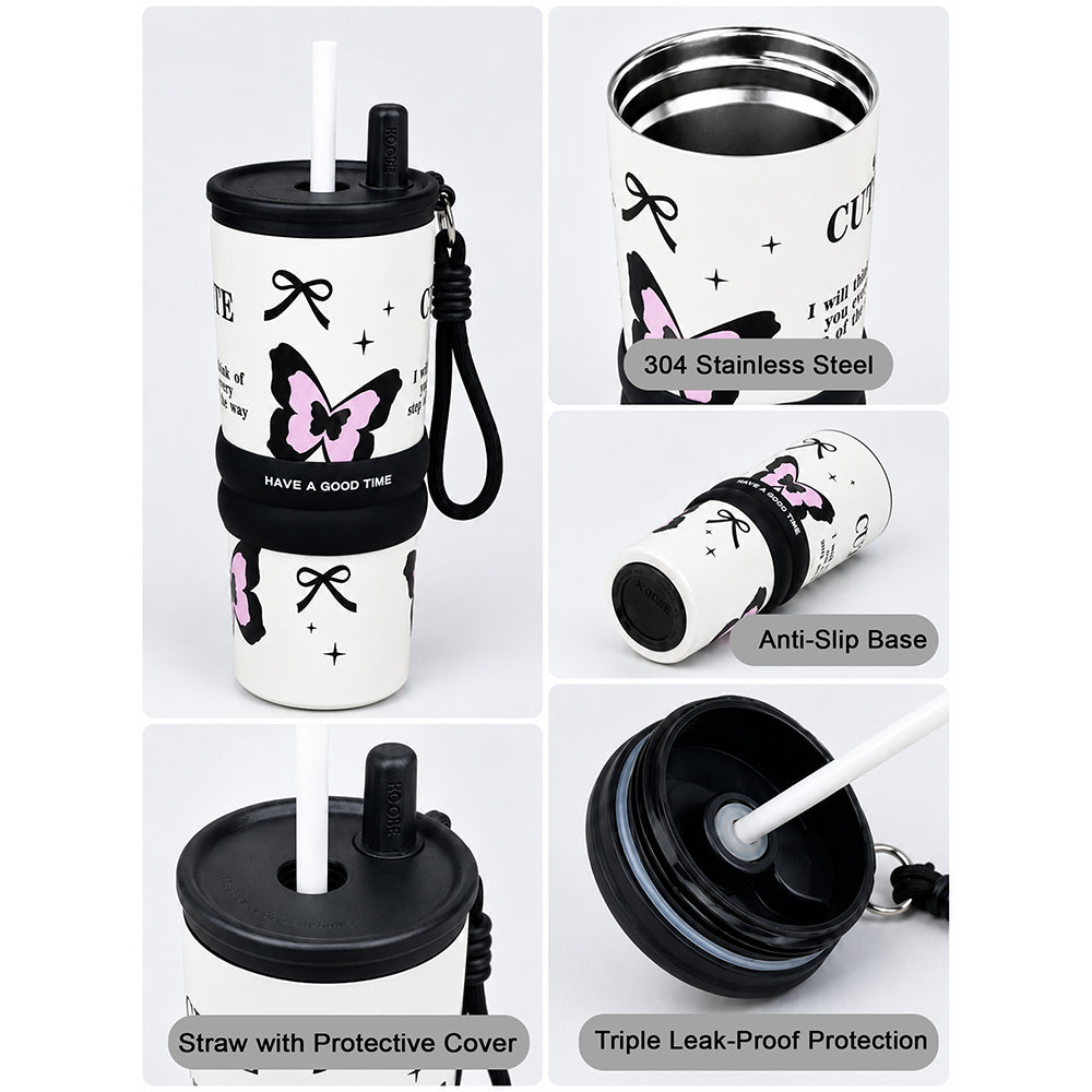 Black Pink Butterfly, Good Time Series, Stainless Steel Tumbler and Water Bottle for Kids & Adults, 710ml