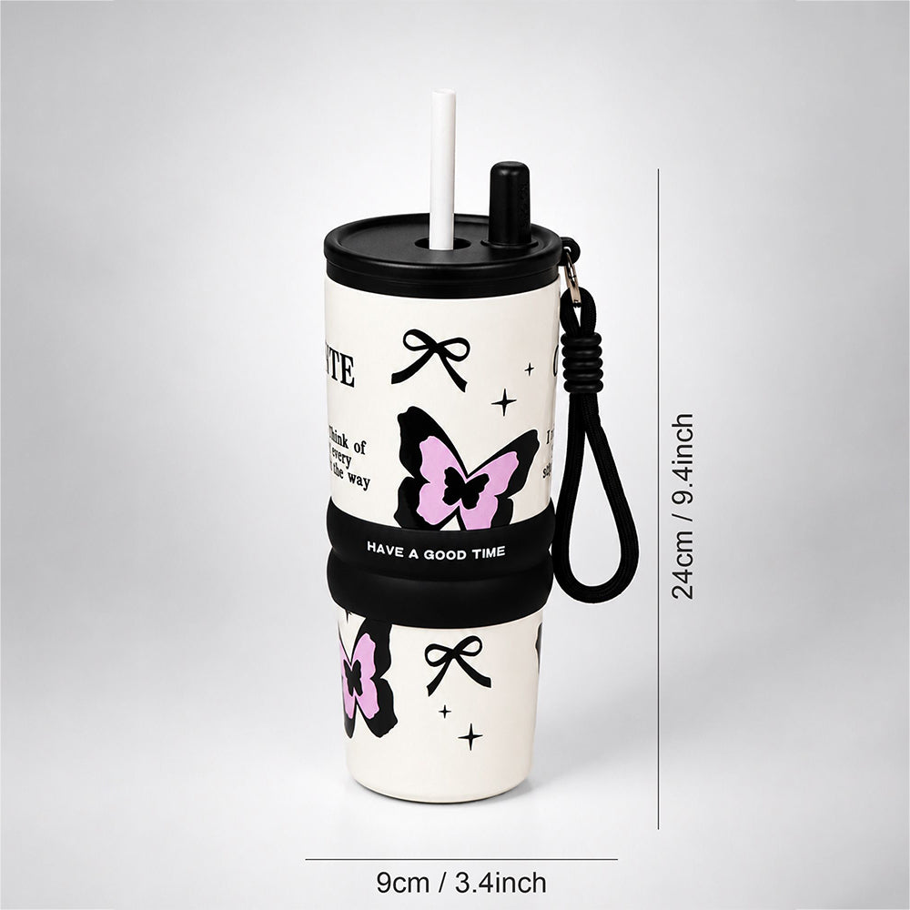 Black Pink Butterfly, Good Time Series, Stainless Steel Tumbler and Water Bottle for Kids & Adults, 710ml