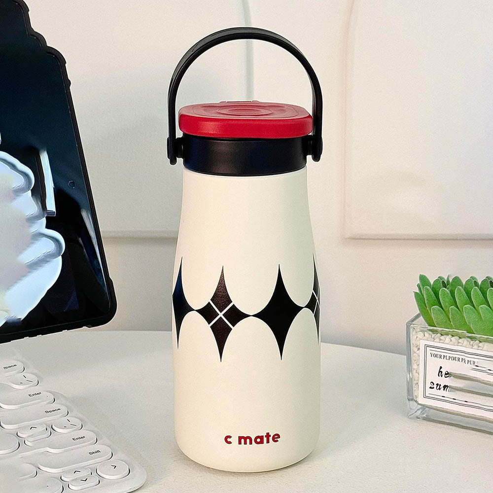 Black & white diamond Moo series insulated thermos Bottle with detachable filter for Kids and Adults, 600ml
