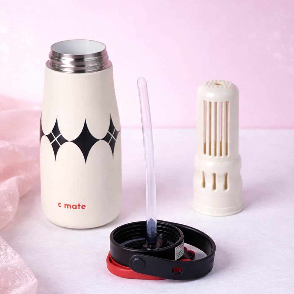 Black & white diamond Moo series insulated thermos Bottle with detachable filter for Kids and Adults, 600ml