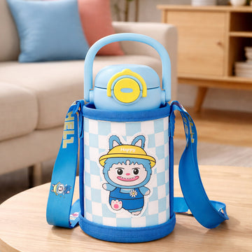 Blue  Checks Labubu with Matching Cover Stainless Steel Water Bottle for Kids,500 ml