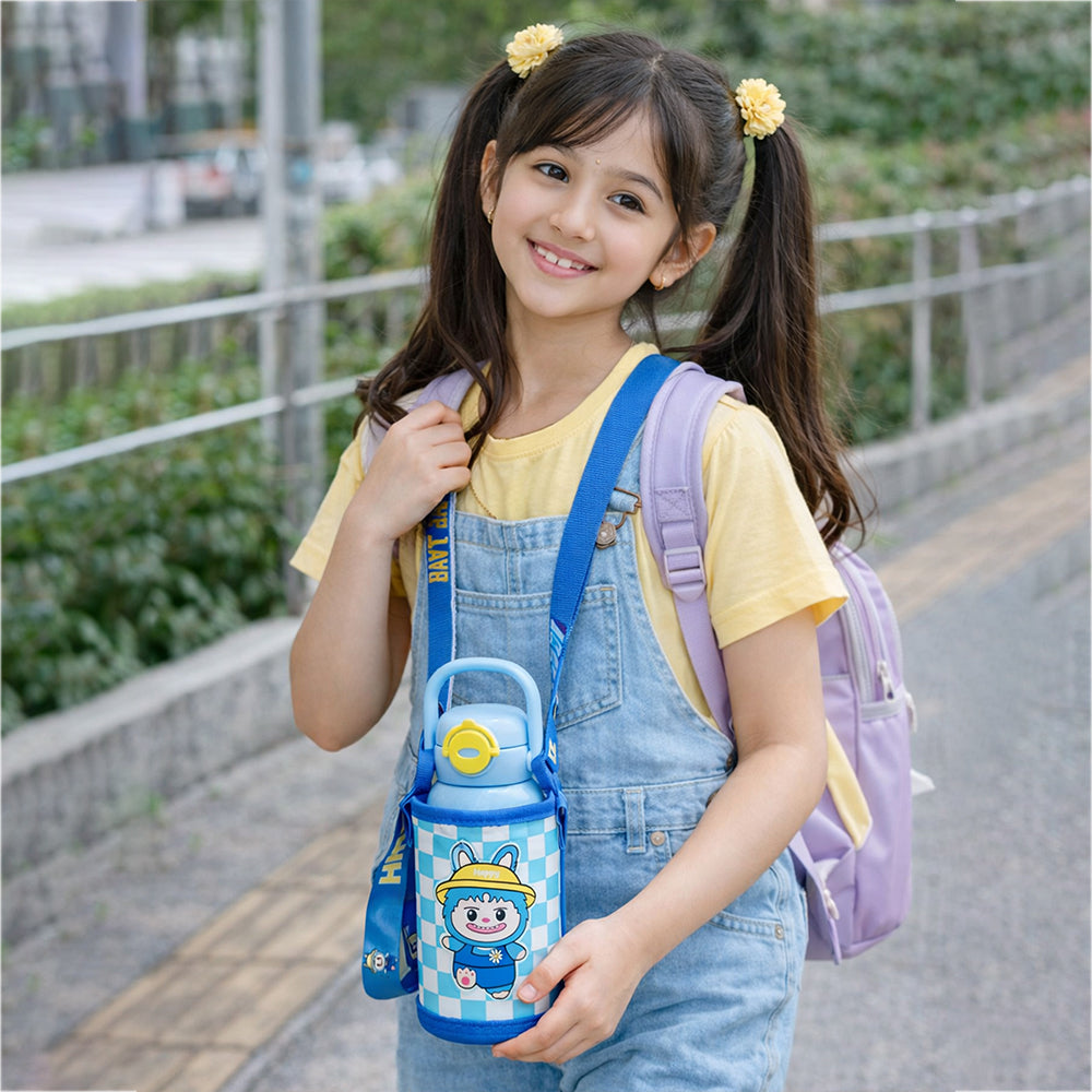 Blue  Checks Labubu with Matching Cover Stainless Steel Water Bottle for Kids,500 ml
