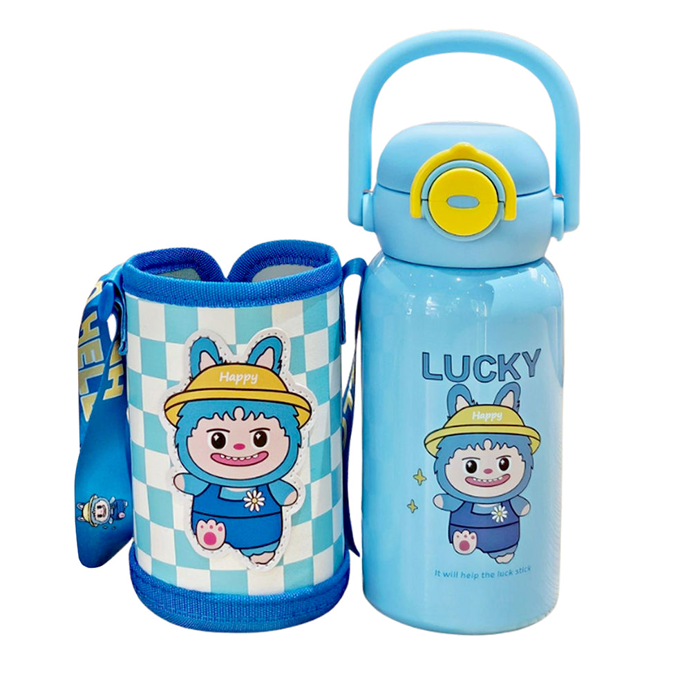 Blue  Checks Labubu with Matching Cover Stainless Steel Water Bottle for Kids,500 ml