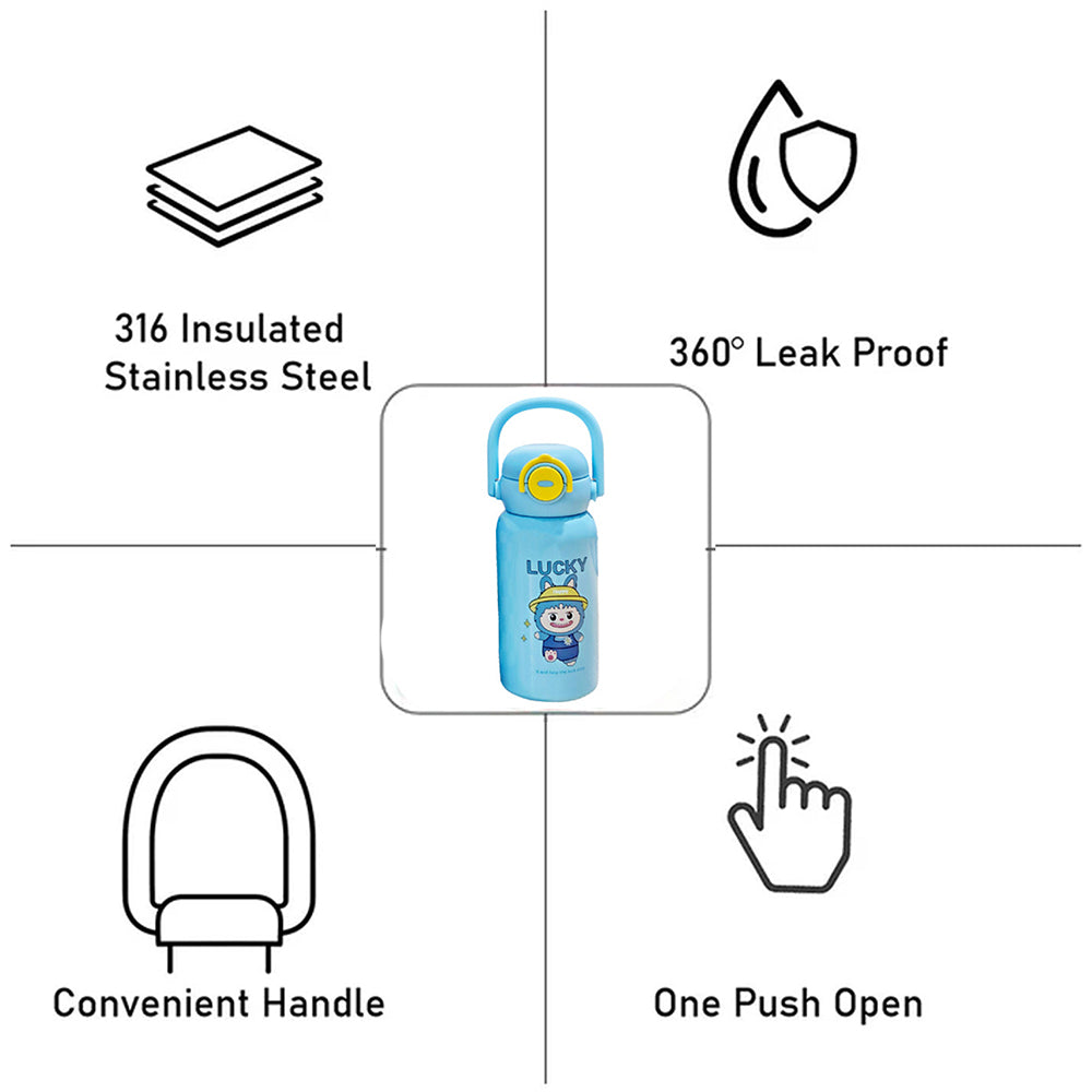 Blue  Checks Labubu with Matching Cover Stainless Steel Water Bottle for Kids,500 ml