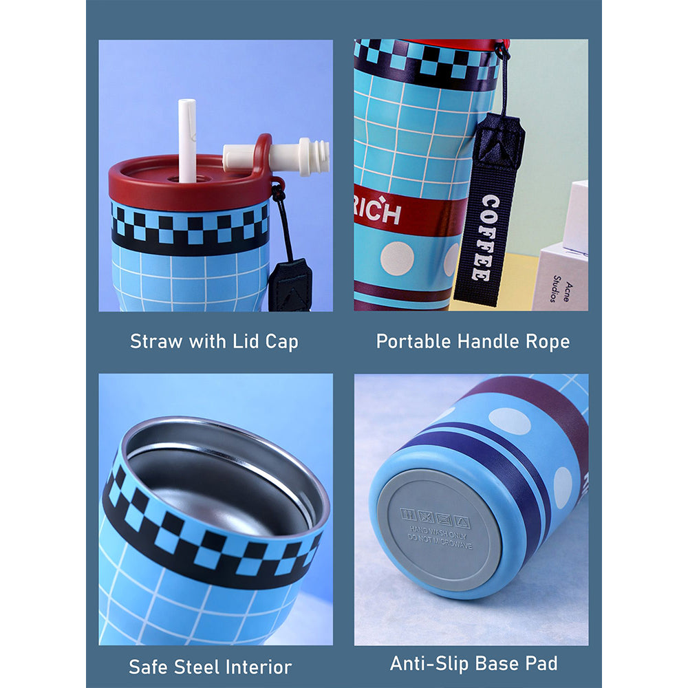 Blue Red checks, Rich Series, Stainless Steel Tumbler and Water Bottle for Kids, Teens and Adults, 560 ml