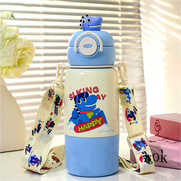 Blue  Dino Bottomlid Series,  Stainless Steel Kids Water Bottle , 480ml