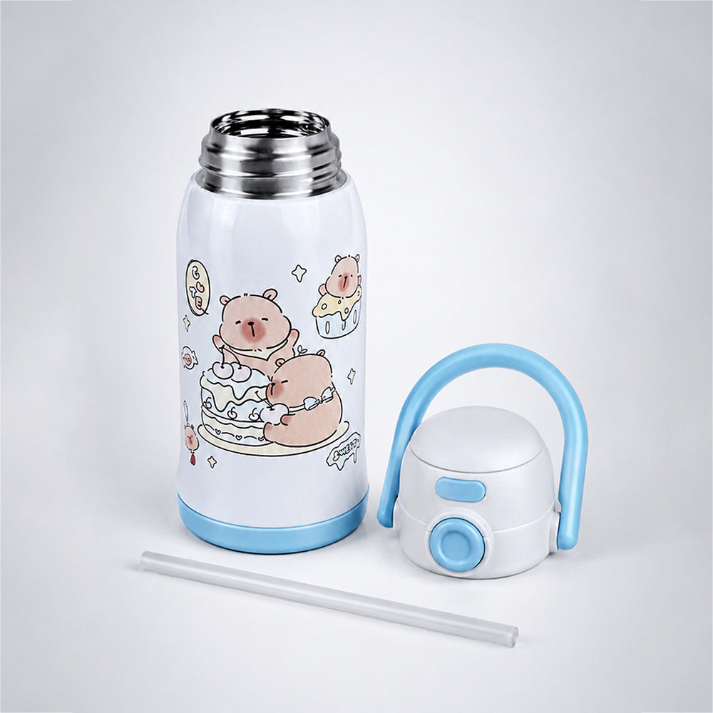 Blue Lid, B'day Capybara Series, Stainless Steel Water Bottle for Kids, 600ml