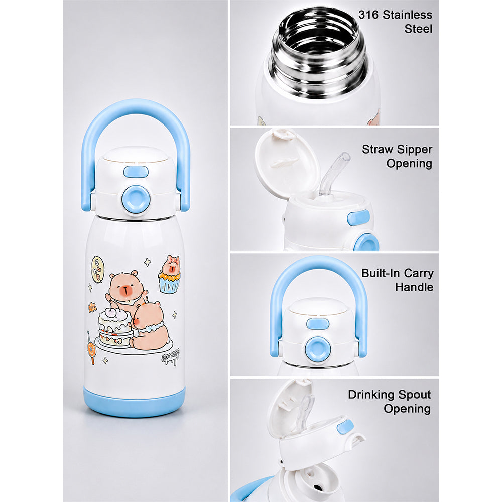 Blue Lid, B'day Capybara Series, Stainless Steel Water Bottle for Kids, 600ml
