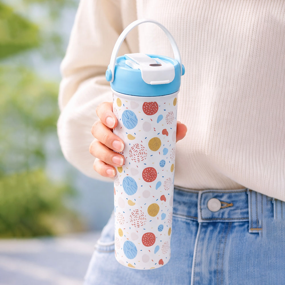 Light Blue & orange sprinkles soft silicone handle series, Stainless Steel Tumbler and Water Bottle for kids, Teens and Adults, 650 ml
