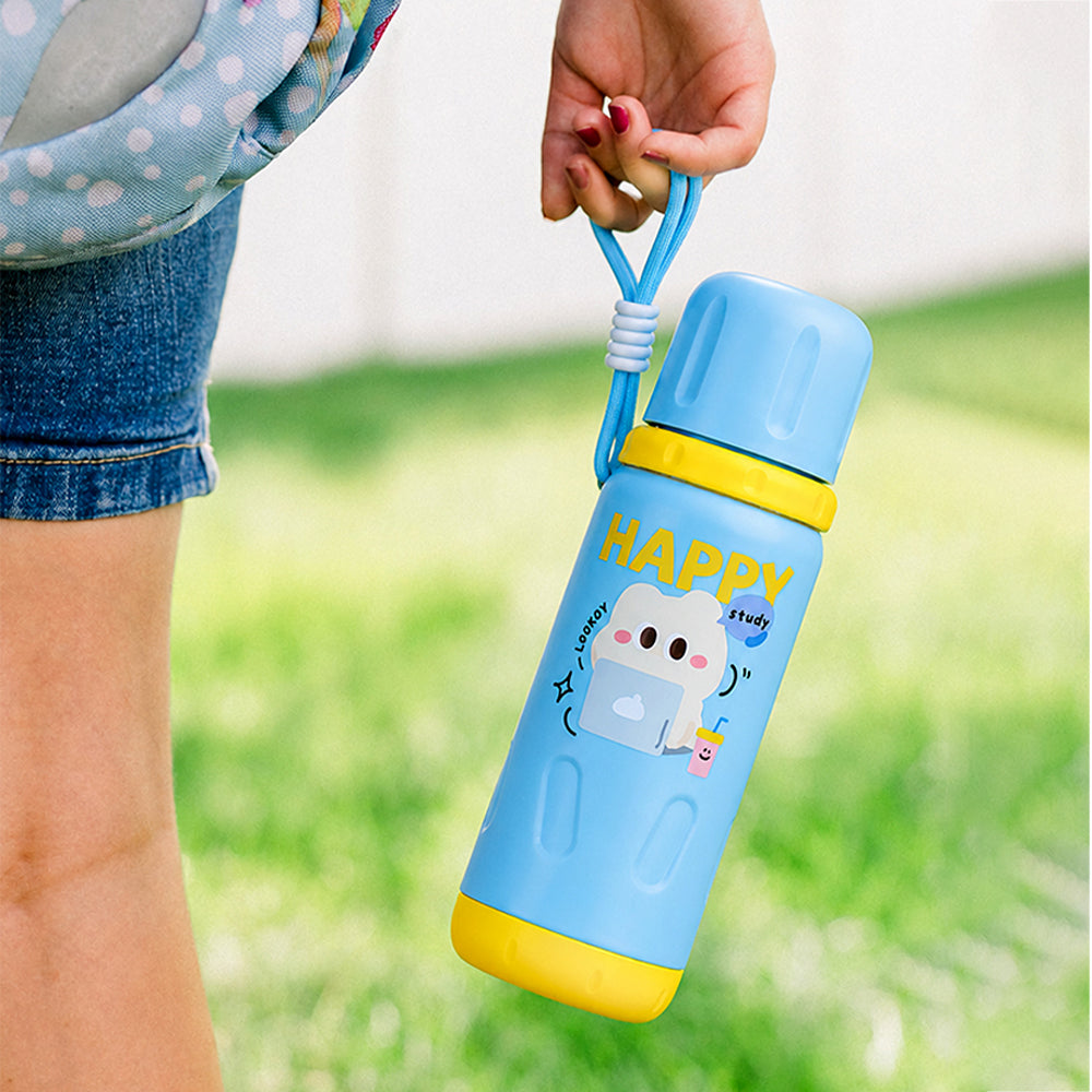 Blue Yellow, Happy Study Design, Stainless Steel Thermos & Water Bottle for Kids, 600ml