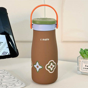 Brown  Green Lid Moo series insulated thermos Bottle with detachable filter for Kids and Adults, 600ml