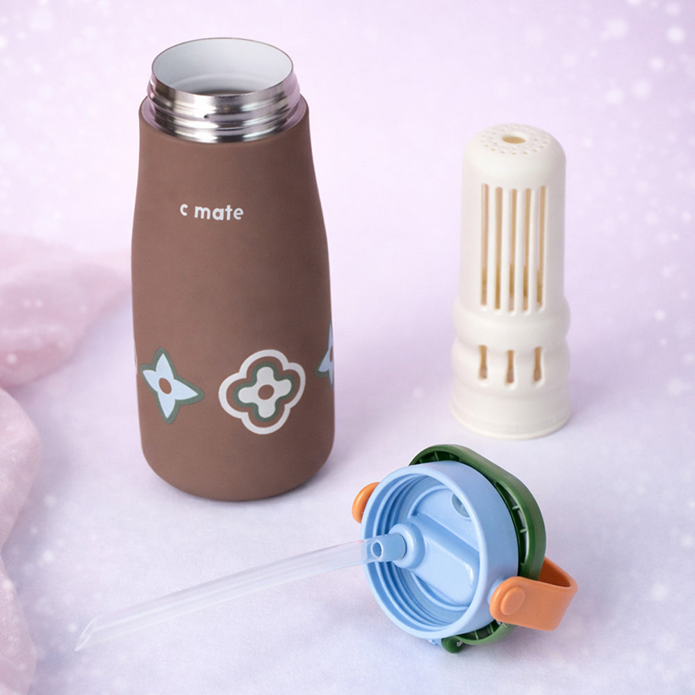 Brown  Green Lid Moo series insulated thermos Bottle with detachable filter for Kids and Adults, 600ml