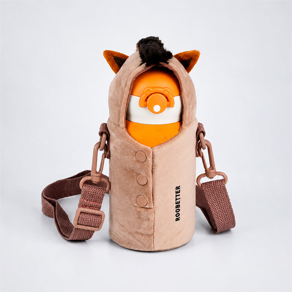 Brown Horse Design,Two Lid Series with Plush Cover, Stainless SteelWater Bottle & Hot thermos flask forKids and Toddlers, 500ml
