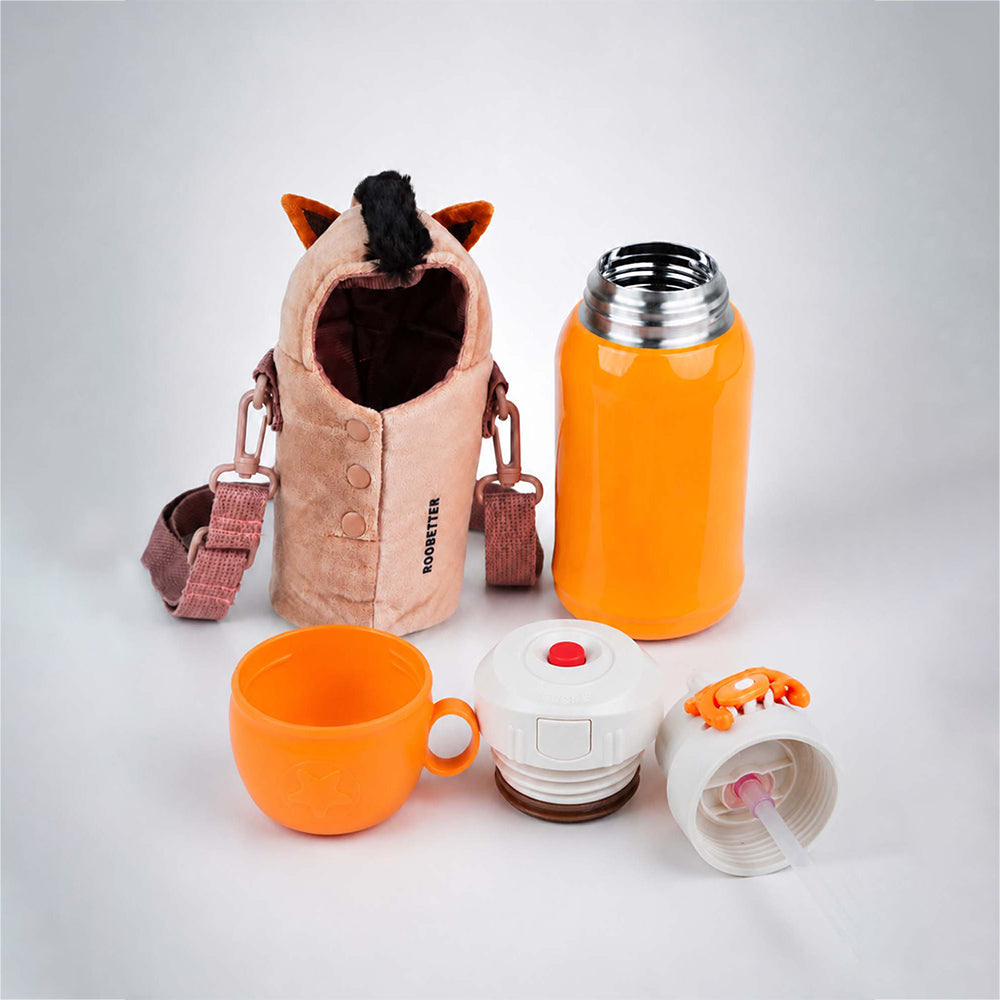 Brown Horse Design,Two Lid Series with Plush Cover, Stainless SteelWater Bottle & Hot thermos flask forKids and Toddlers, 500ml