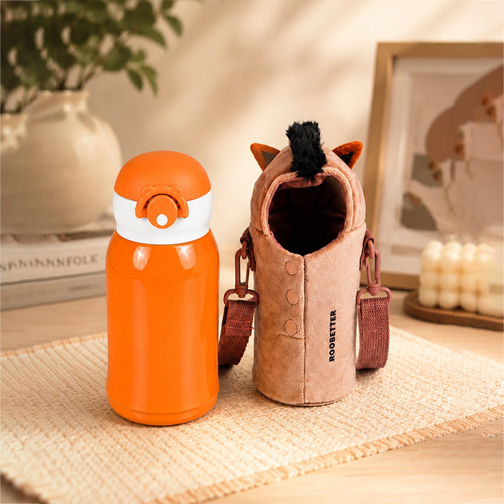 Brown Horse Design,Two Lid Series with Plush Cover, Stainless SteelWater Bottle & Hot thermos flask forKids and Toddlers, 500ml