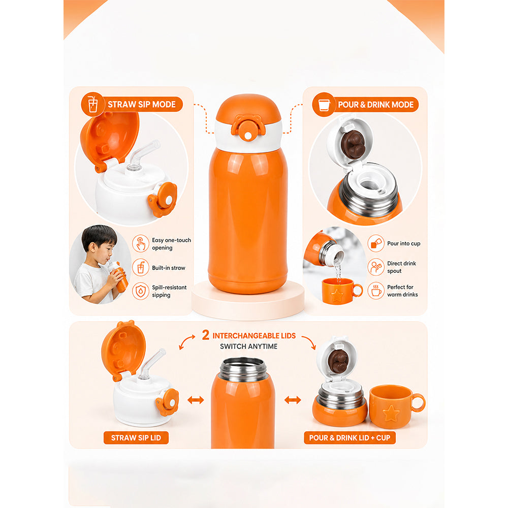 Brown Horse Design,Two Lid Series with Plush Cover, Stainless SteelWater Bottle & Hot thermos flask forKids and Toddlers, 500ml