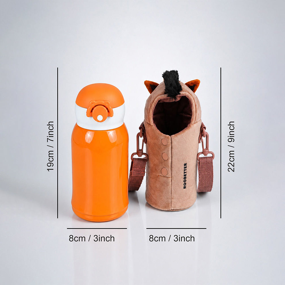 Brown Horse Design,Two Lid Series with Plush Cover, Stainless SteelWater Bottle & Hot thermos flask forKids and Toddlers, 500ml