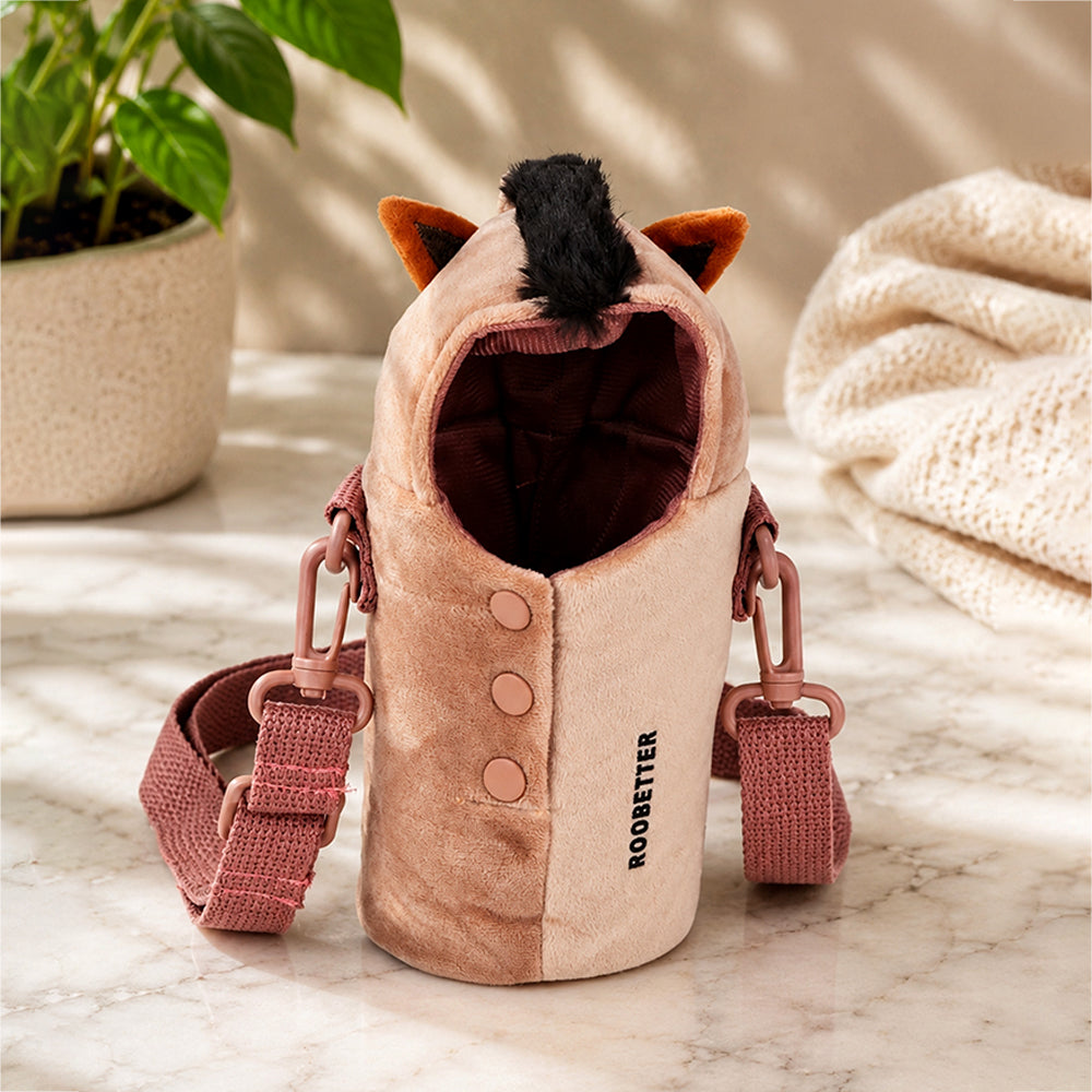 Brown Horse Design,Two Lid Series with Plush Cover, Stainless SteelWater Bottle & Hot thermos flask forKids and Toddlers, 500ml