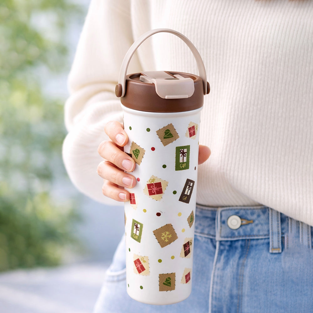 Brown Gift Stamps  soft silicone handle series, Stainless Steel Tumbler and Water Bottle for kids, Teens and Adults, 650 ml