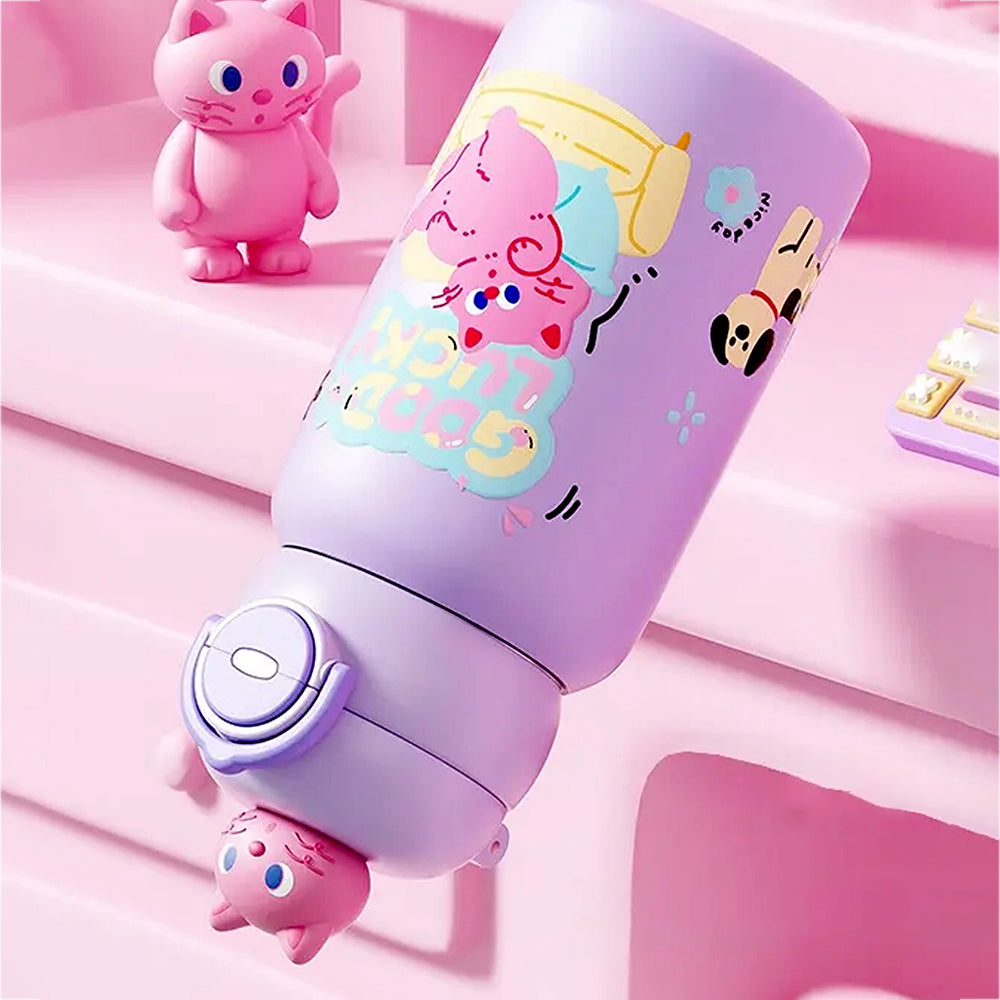 Purple Cat 3d Face Lid with Matching Cover Stainless Steel Water Bottle for Kids,550 ml