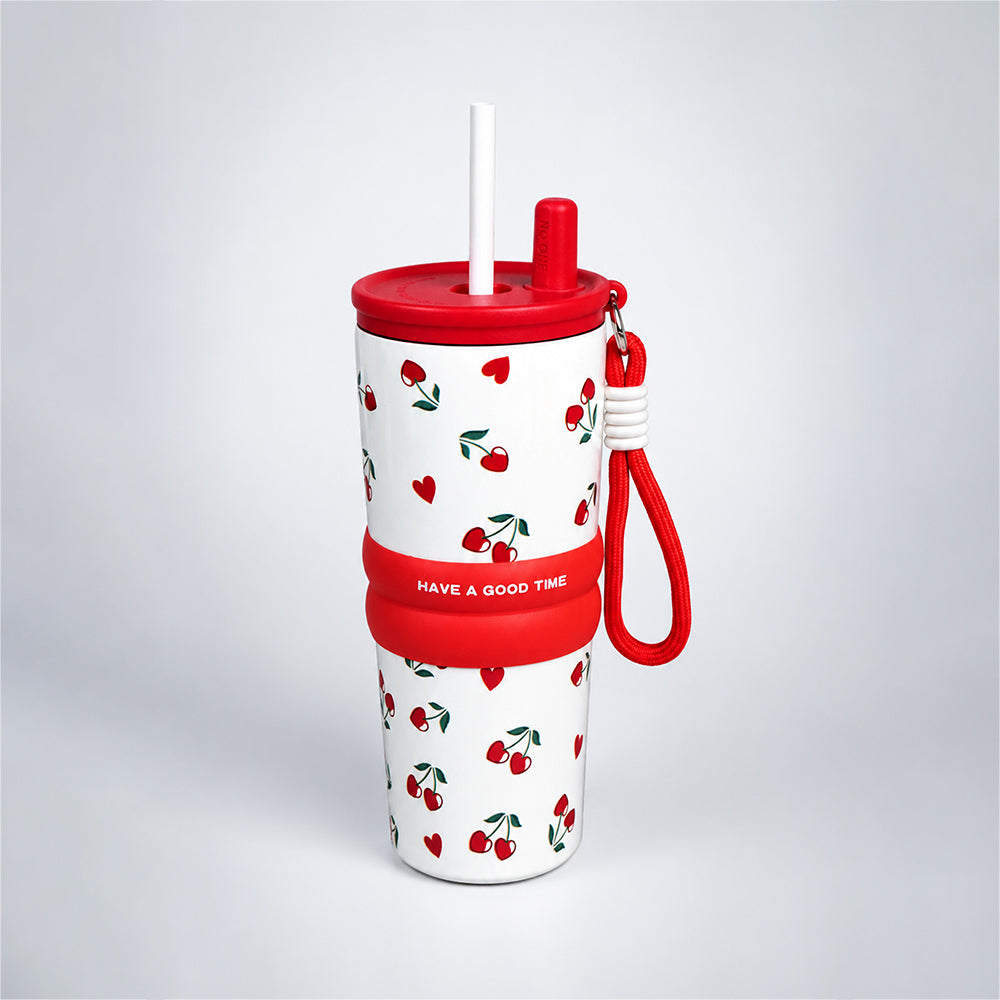 Red Cherry Hearts, Good Time Series, Stainless Steel Tumbler and Water Bottle for Kids & Adults, 710ml