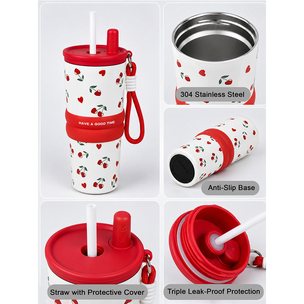 Red Cherry Hearts, Good Time Series, Stainless Steel Tumbler and Water Bottle for Kids & Adults, 710ml