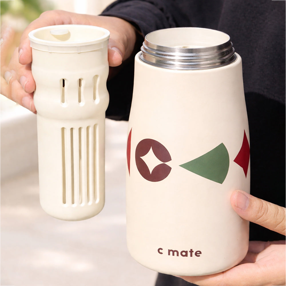 Cream & Red pattern Moo series insulated thermos Bottle with detachable filter for Kids and Adults, 600ml