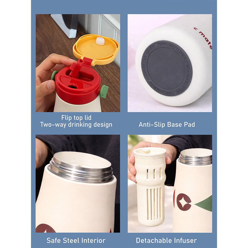Cream & Red pattern Moo series insulated thermos Bottle with detachable filter for Kids and Adults, 600ml