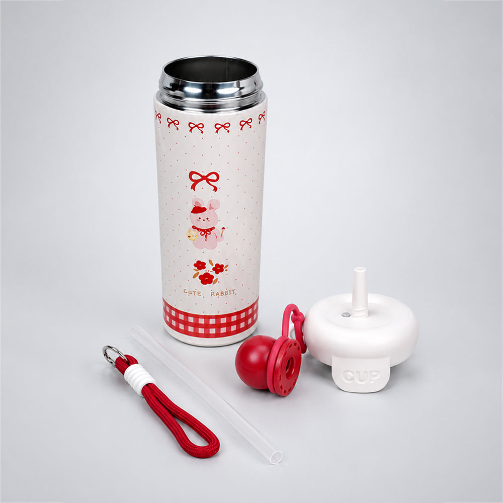 Cute Rabbit, Red ball Lid Series, Stainless Steel Tumbler and Water Bottle for Kids & Adults, 650ml