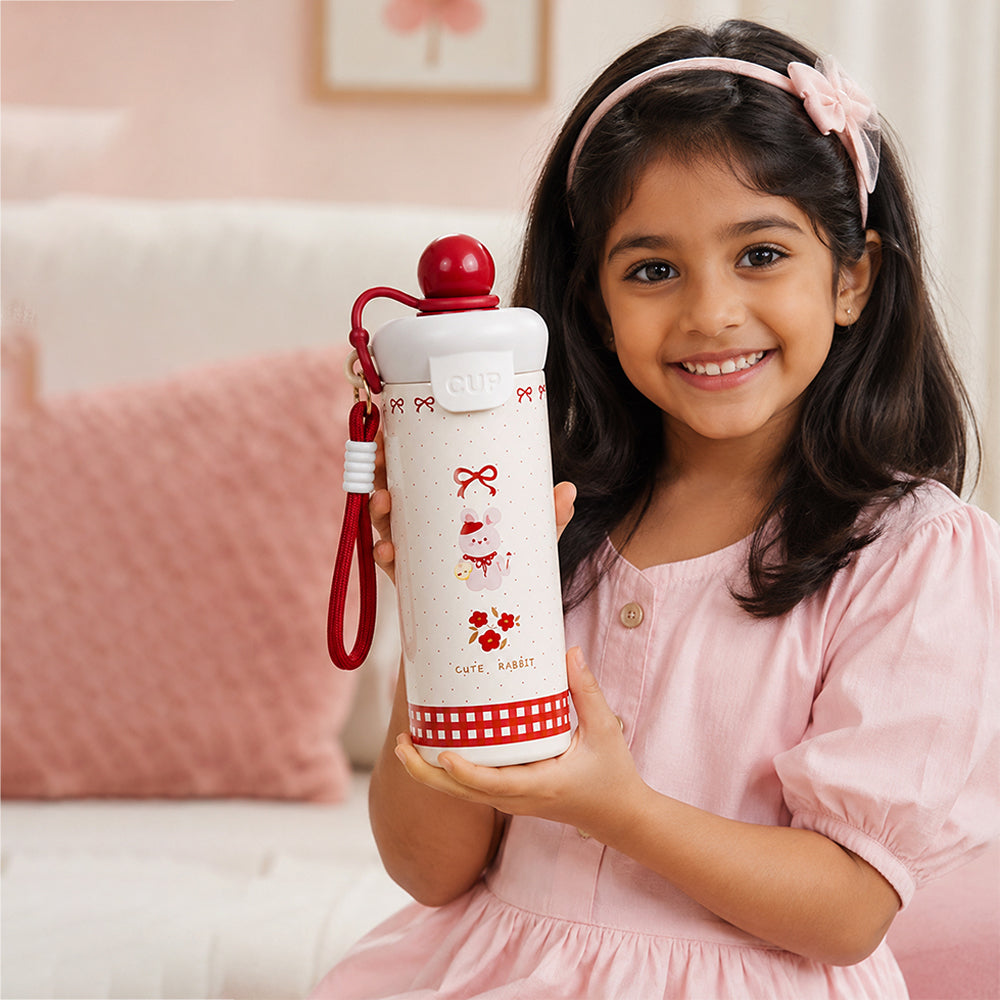 Cute Rabbit, Red ball Lid Series, Stainless Steel Tumbler and Water Bottle for Kids & Adults, 650ml