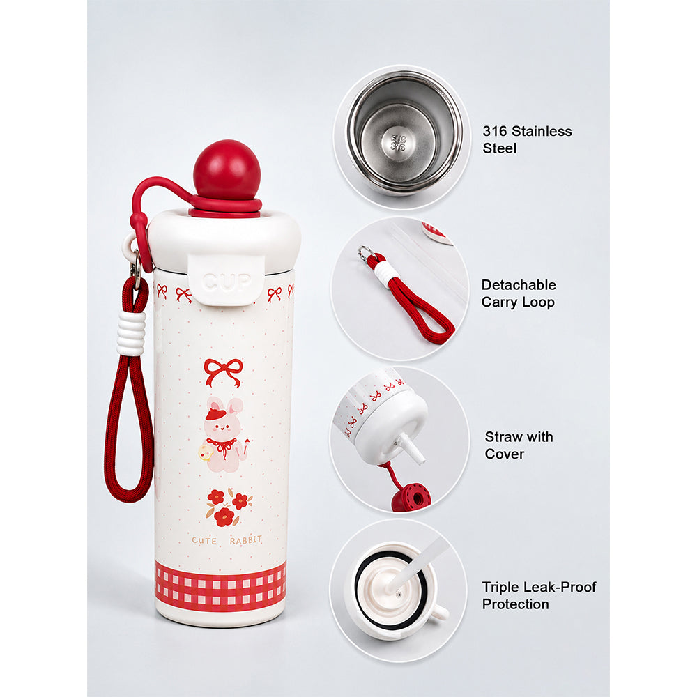 Cute Rabbit, Red ball Lid Series, Stainless Steel Tumbler and Water Bottle for Kids & Adults, 650ml