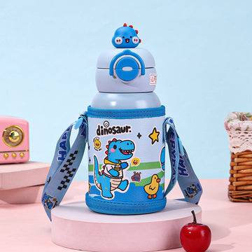 Blue DIno 3d Face Lid with Matching Cover Stainless Steel Water Bottle for Kids,550 ml