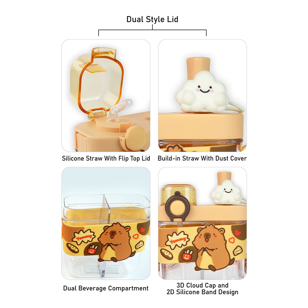 Dual Beverage compartment, Brown Capybara Tritan Kids Water Bottle, 580ml, 2yrs +