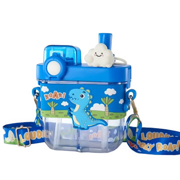 Dual Beverage compartment, Blue Dino Tritan Kids Water Bottle, 580ml, 2yrs +