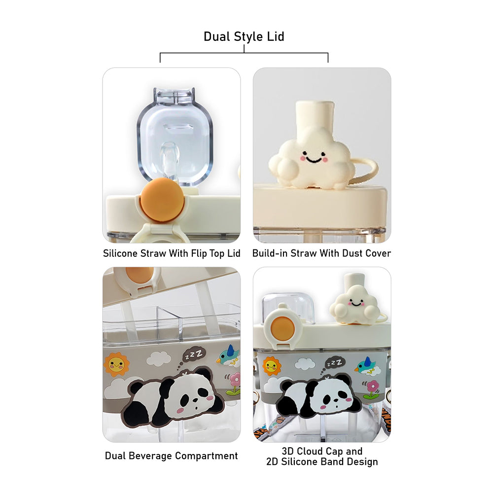 Dual Beverage compartment, White Panda Tritan Kids Water Bottle, 580ml, 2yrs +