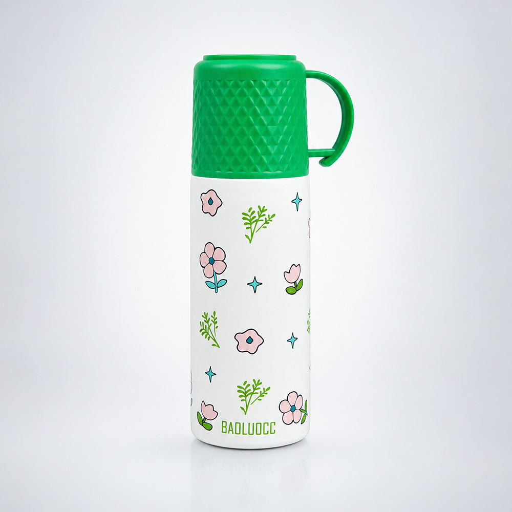 Green Checks Cup Lid Design, Sleek Stainless Steel Thermos & Water Bottle for Kids, 350ml