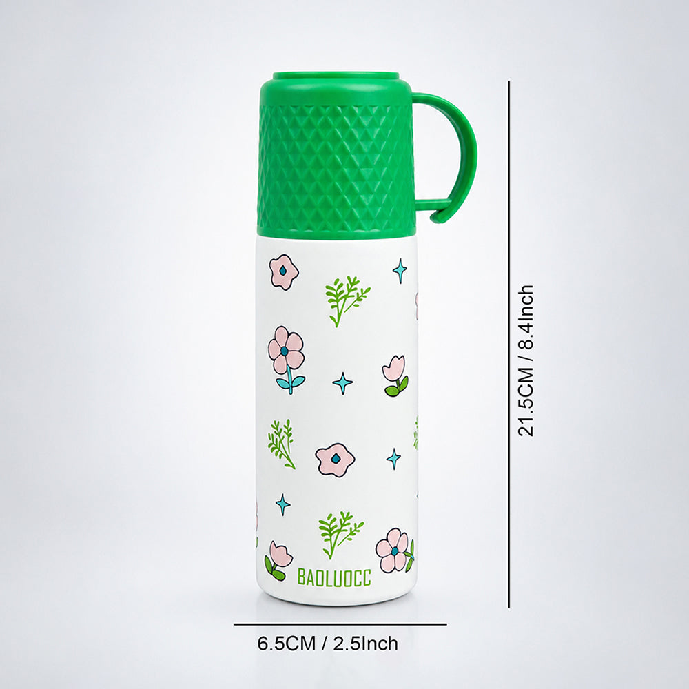 Green Checks Cup Lid Design, Sleek Stainless Steel Thermos & Water Bottle for Kids, 350ml
