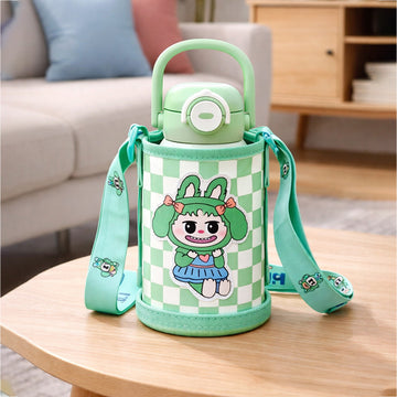 Green checks Labubu with Matching Cover Stainless Steel Water Bottle for Kids,500 ml